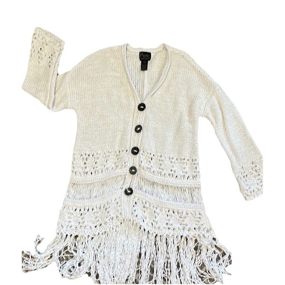 Boho Knit Cotton Open Cardigan Sweater Crochet Fringe Cottagecore Festival S/M - Picture 2 of 8